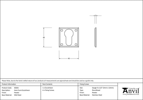 From The Anvil - Pewter Avon Euro Escutcheon | Sku. 83656 | Trade Door Handles.