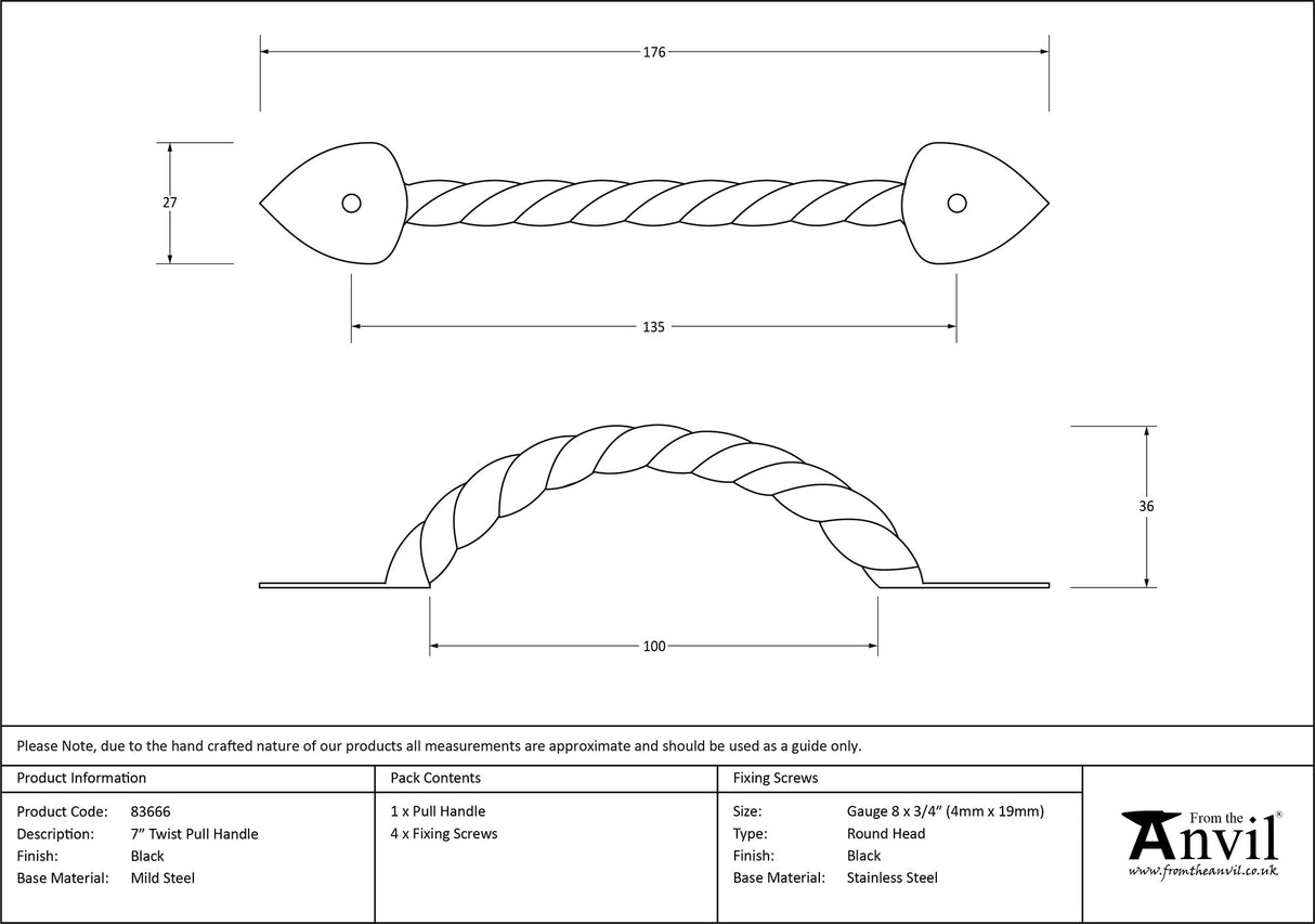 From The Anvil - Black 7" Twist Pull Handle | Sku. 83666 | Trade Door Handles.