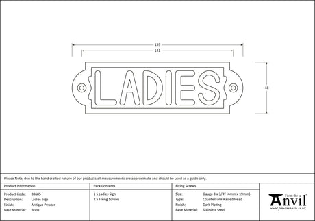 From The Anvil - Antique Pewter Ladies Sign | Sku. 83685 | Trade Door Handles.