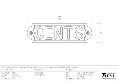 From The Anvil - Antique Pewter Gents Sign | Sku. 83686 | Trade Door Handles.