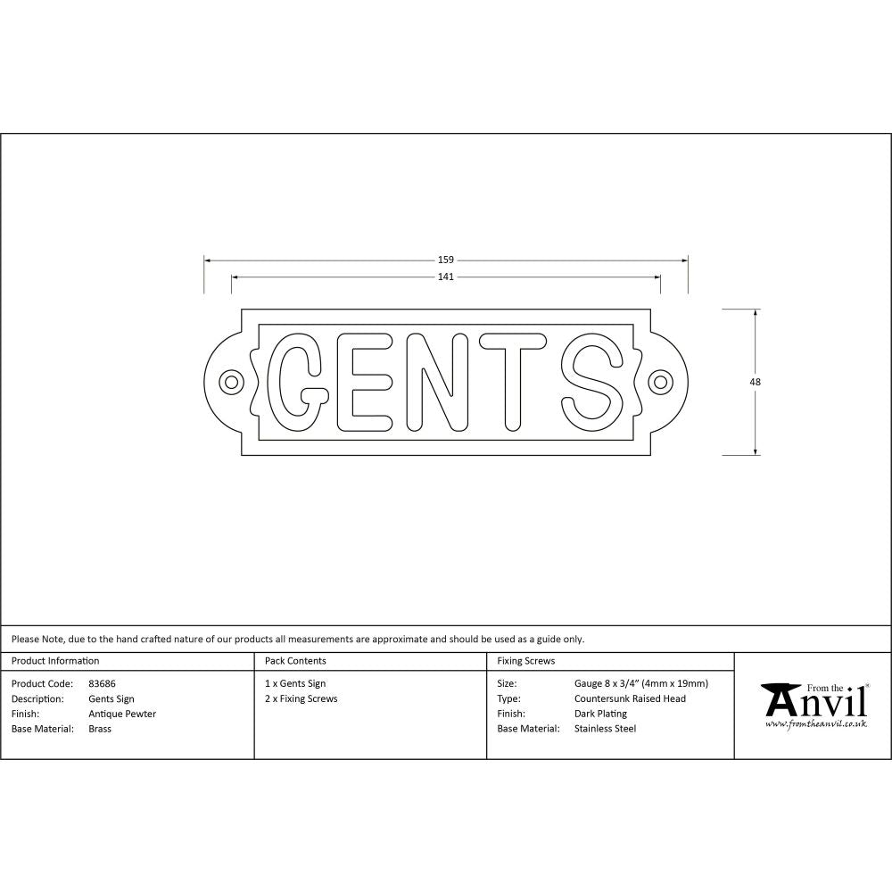 From The Anvil - Antique Pewter Gents Sign | Sku. 83686 | Trade Door Handles.