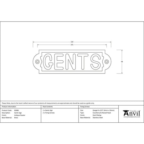 From The Anvil - Antique Pewter Gents Sign | Sku. 83686 | Trade Door Handles.