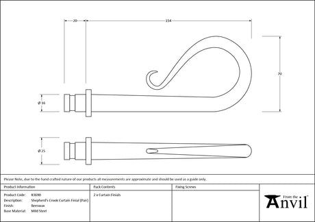 From The Anvil - Beeswax Shepherds Crook Curtain Finial (pair) | Sku. 83690 | Trade Door Handles.