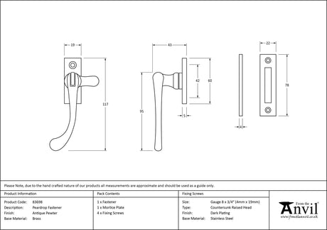 From The Anvil - Antique Pewter Peardrop Fastener | Sku. 83698 | Trade Door Handles.