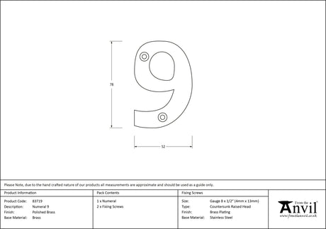 From The Anvil - Polished Brass Numeral 9 | Sku. 83719 | Trade Door Handles.