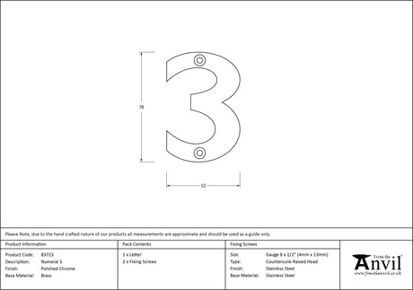 From The Anvil - Polished Chrome Numeral 3 | Sku. 83723 | Trade Door Handles.