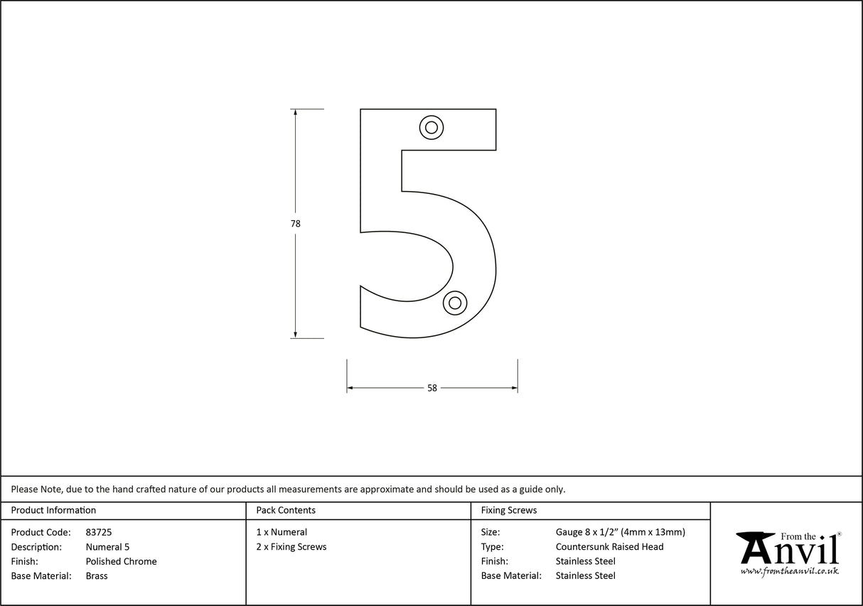 From The Anvil - Polished Chrome Numeral 5 | Sku. 83725 | Trade Door Handles.