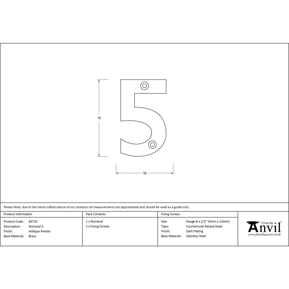 From The Anvil - Antique Pewter Numeral 5 | Sku. 83735 | Trade Door Handles.