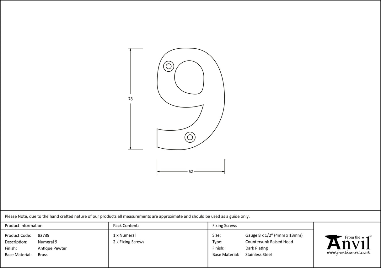 From The Anvil - Antique Pewter Numeral 9 | Sku. 83739 | Trade Door Handles.