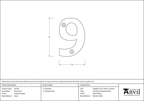 From The Anvil - Antique Pewter Numeral 9 | Sku. 83739 | Trade Door Handles.