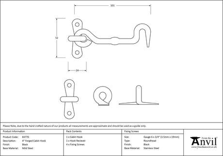 From The Anvil - Black 4" Forged Cabin Hook | Sku. 83770 | Trade Door Handles.