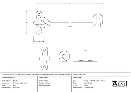 From The Anvil - Black 6" Forged Cabin Hook | Sku. 83771 | Trade Door Handles.