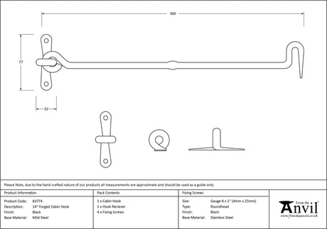 From The Anvil - Black 14" Forged Cabin Hook | Sku. 83774 | Trade Door Handles.