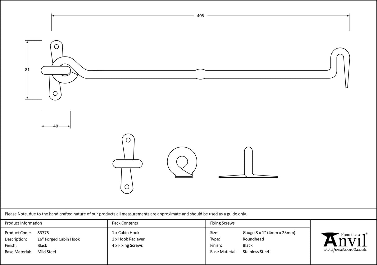 From The Anvil - Black 16" Forged Cabin Hook | Sku. 83775 | Trade Door Handles.