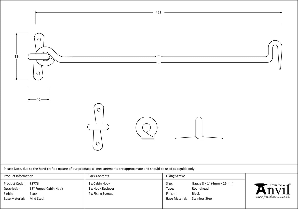 From The Anvil - Black 18" Forged Cabin Hook | Sku. 83776 | Trade Door Handles.