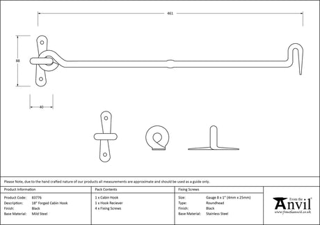 From The Anvil - Black 18" Forged Cabin Hook | Sku. 83776 | Trade Door Handles.