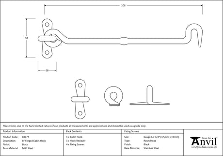 From The Anvil - Black 8" Forged Cabin Hook | Sku. 83777 | Trade Door Handles.
