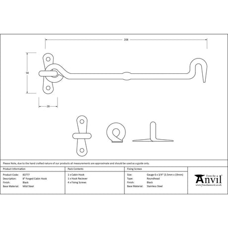 From The Anvil - Black 8" Forged Cabin Hook | Sku. 83777 | Trade Door Handles.