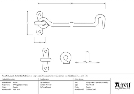 From The Anvil - Pewter 6" Forged Cabin Hook | Sku. 83793 | Trade Door Handles.