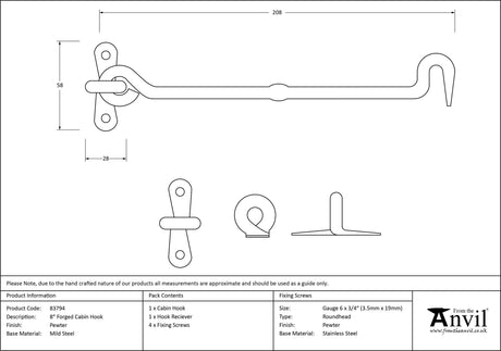 From The Anvil - Pewter 8" Forged Cabin Hook | Sku. 83794 | Trade Door Handles.