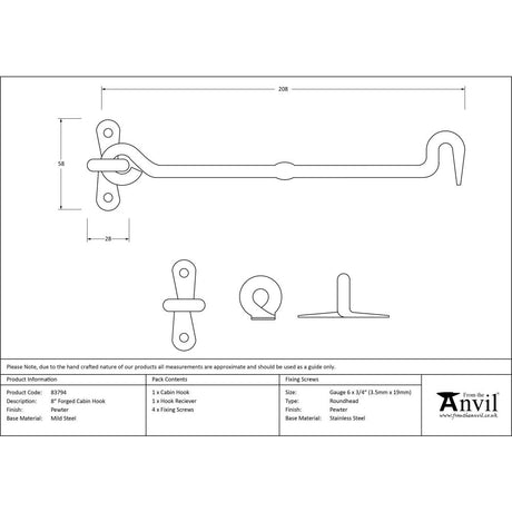 From The Anvil - Pewter 8" Forged Cabin Hook | Sku. 83794 | Trade Door Handles.