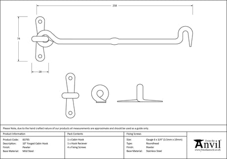 From The Anvil - Pewter 10" Forged Cabin Hook | Sku. 83795 | Trade Door Handles.