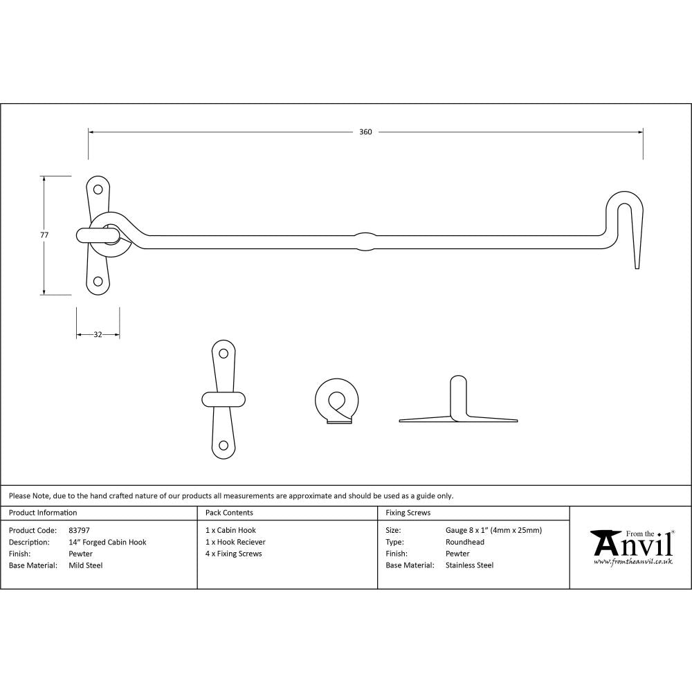 From The Anvil - Pewter 14" Forged Cabin Hook | Sku. 83797 | Trade Door Handles.