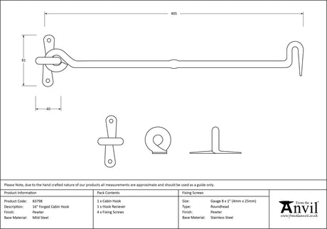 From The Anvil - Pewter 16" Forged Cabin Hook | Sku. 83798 | Trade Door Handles.