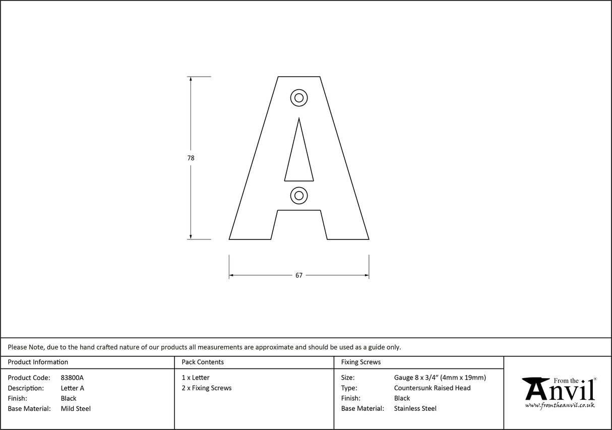 From The Anvil - Black Letter A | Sku. 83800A | Trade Door Handles.