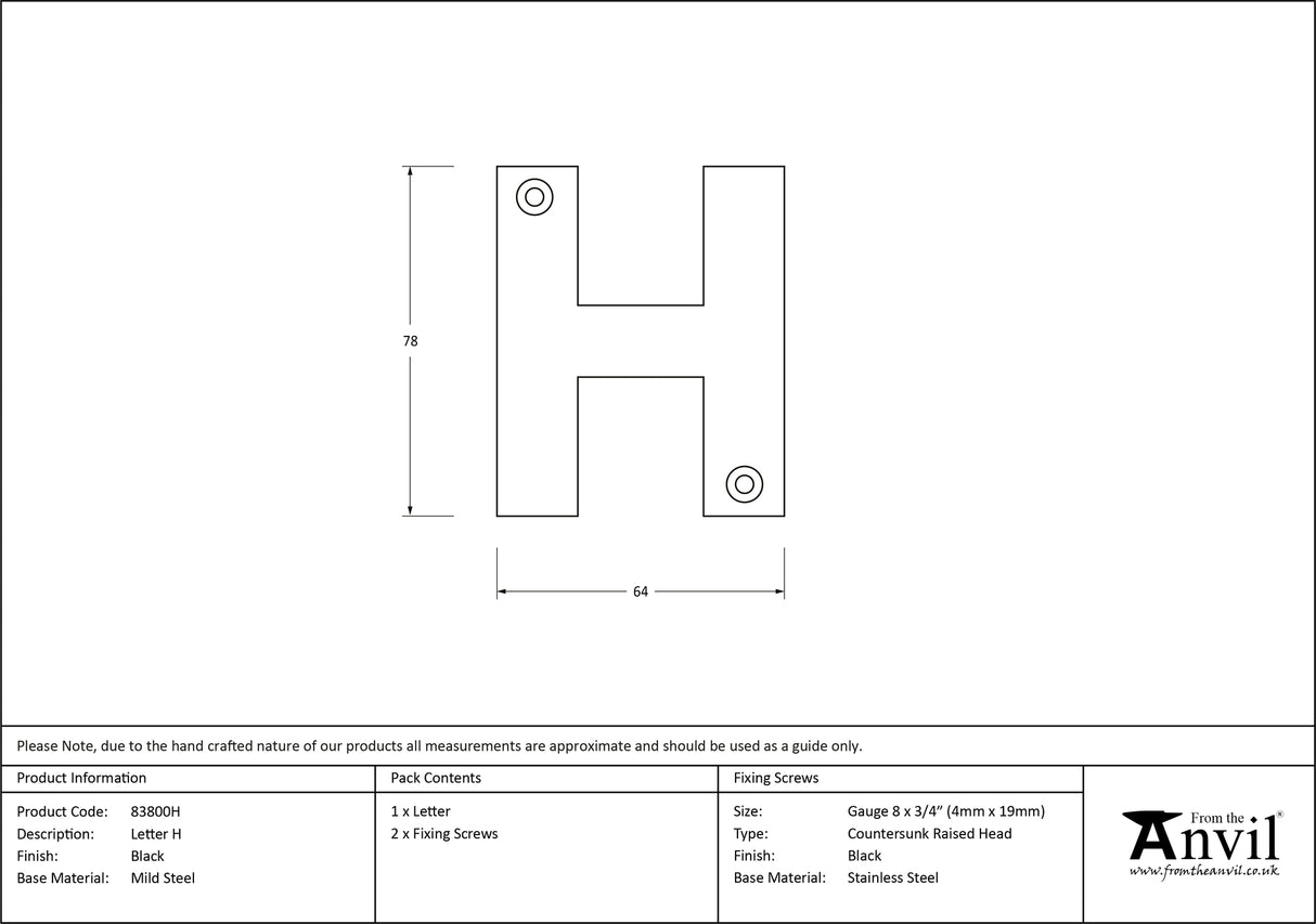 From The Anvil - Black Letter H | Sku. 83800H | Trade Door Handles.