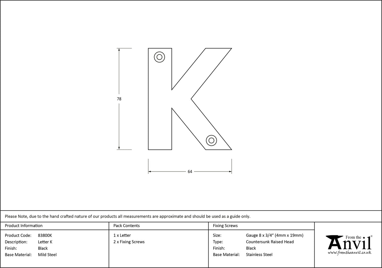 From The Anvil - Black Letter K | Sku. 83800K | Trade Door Handles.