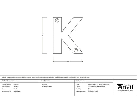 From The Anvil - Black Letter K | Sku. 83800K | Trade Door Handles.