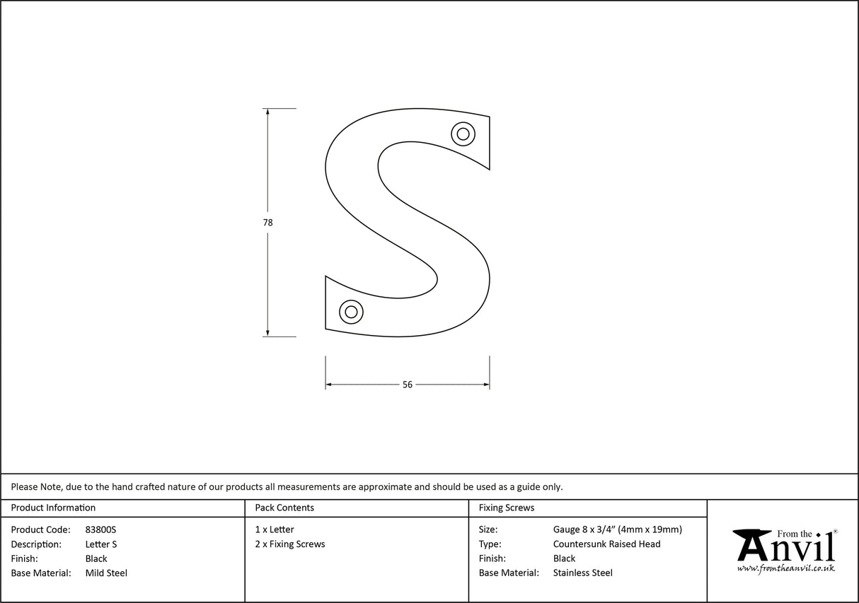 From The Anvil - Black Letter S | Sku. 83800S | Trade Door Handles.