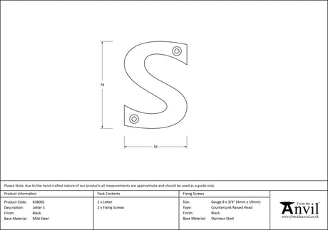 From The Anvil - Black Letter S | Sku. 83800S | Trade Door Handles.
