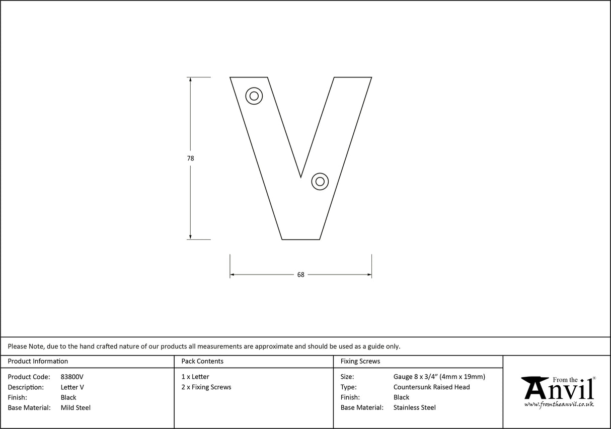 From The Anvil - Black Letter V | Sku. 83800V | Trade Door Handles.