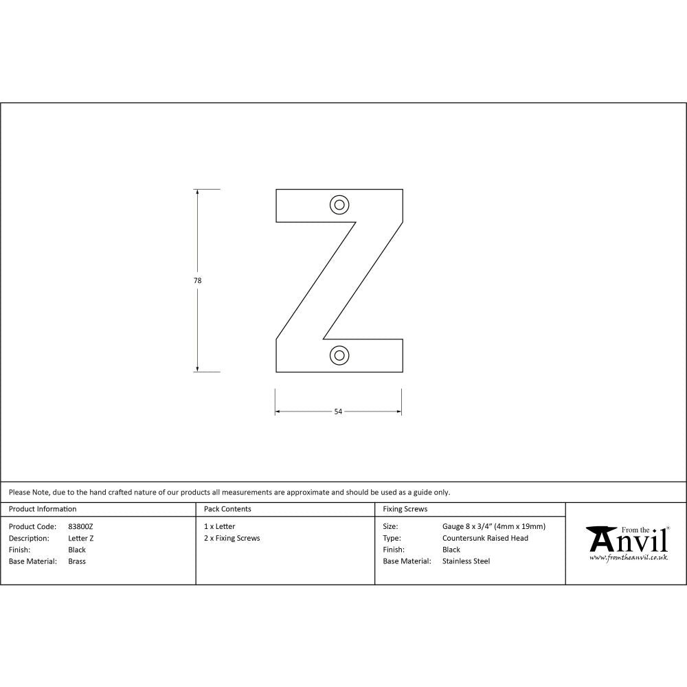 From The Anvil - Black Letter Z | Sku. 83800Z | Trade Door Handles.