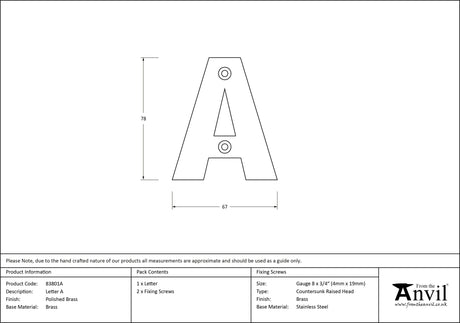 From The Anvil - Polished Brass Letter A | Sku. 83801A | Trade Door Handles.