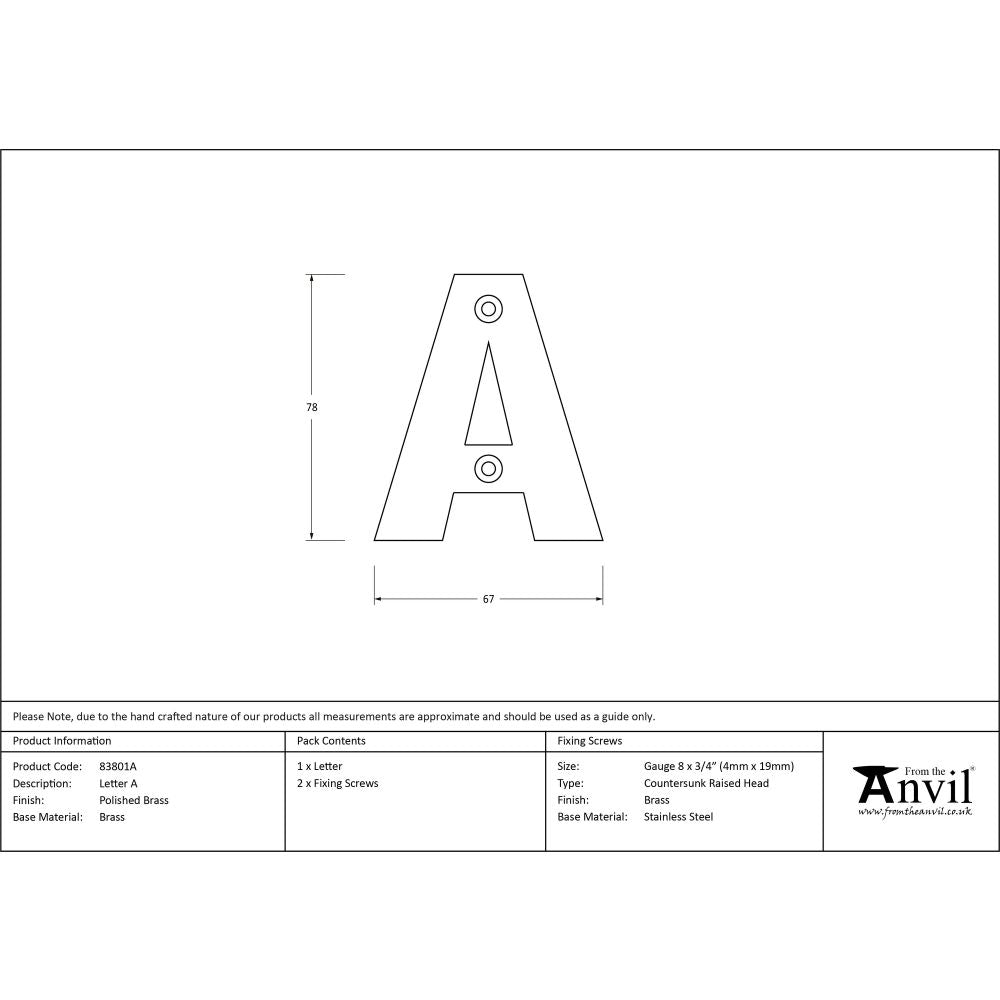 From The Anvil - Polished Brass Letter A | Sku. 83801A | Trade Door Handles.