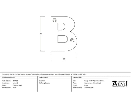 From The Anvil - Polished Brass Letter B | Sku. 83801B | Trade Door Handles.