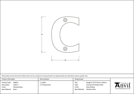 From The Anvil - Polished Brass Letter C | Sku. 83801C | Trade Door Handles.