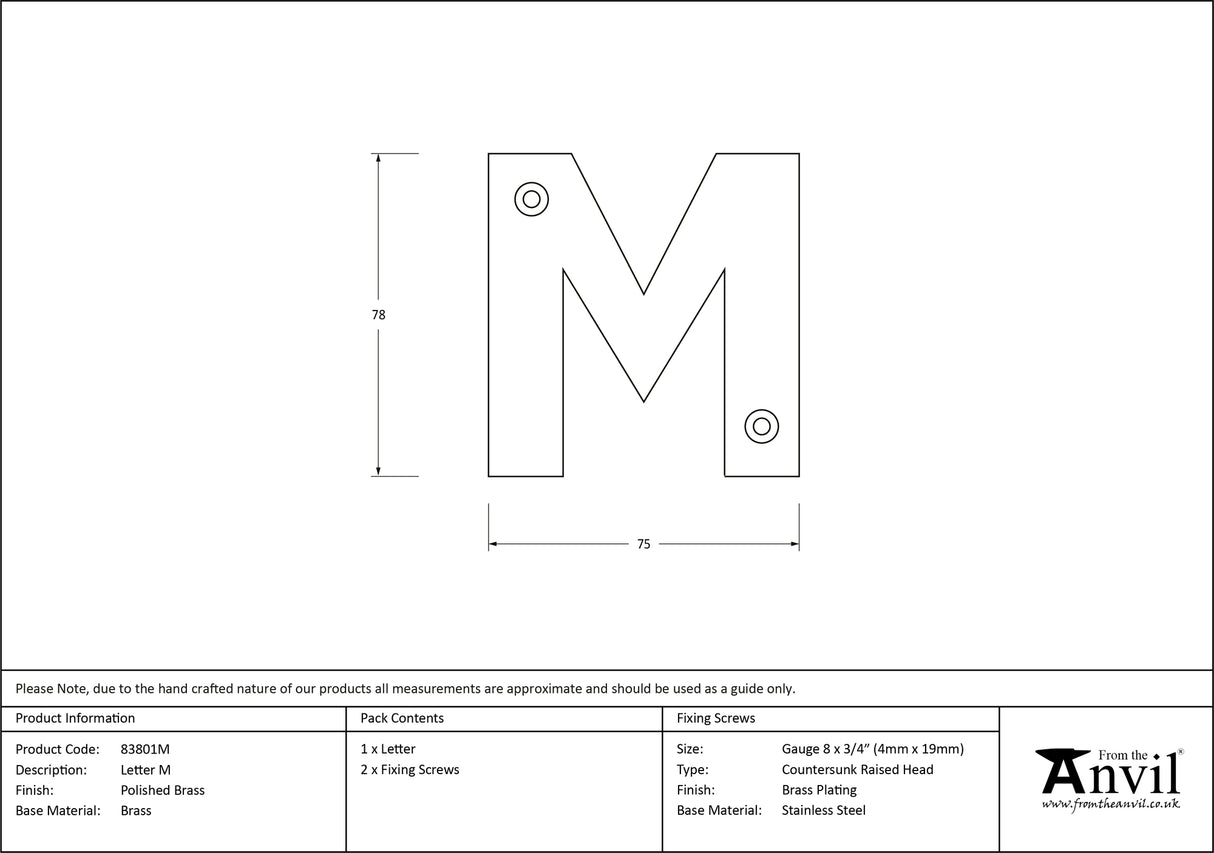 From The Anvil - Polished Brass Letter M | Sku. 83801M | Trade Door Handles.