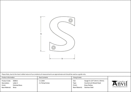 From The Anvil - Polished Brass Letter S | Sku. 83801S | Trade Door Handles.