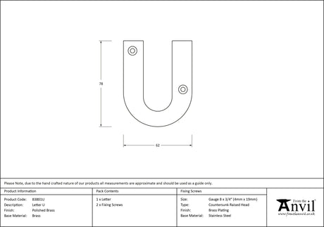 From The Anvil - Polished Brass Letter U | Sku. 83801U | Trade Door Handles.