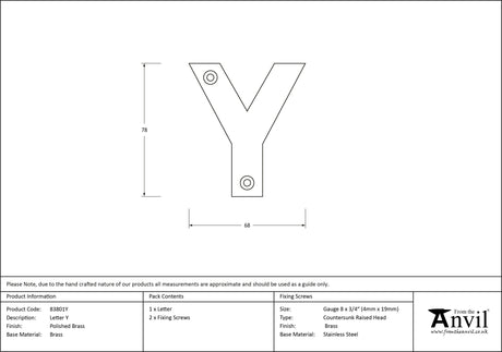 From The Anvil - Polished Brass Letter Y | Sku. 83801Y | Trade Door Handles.