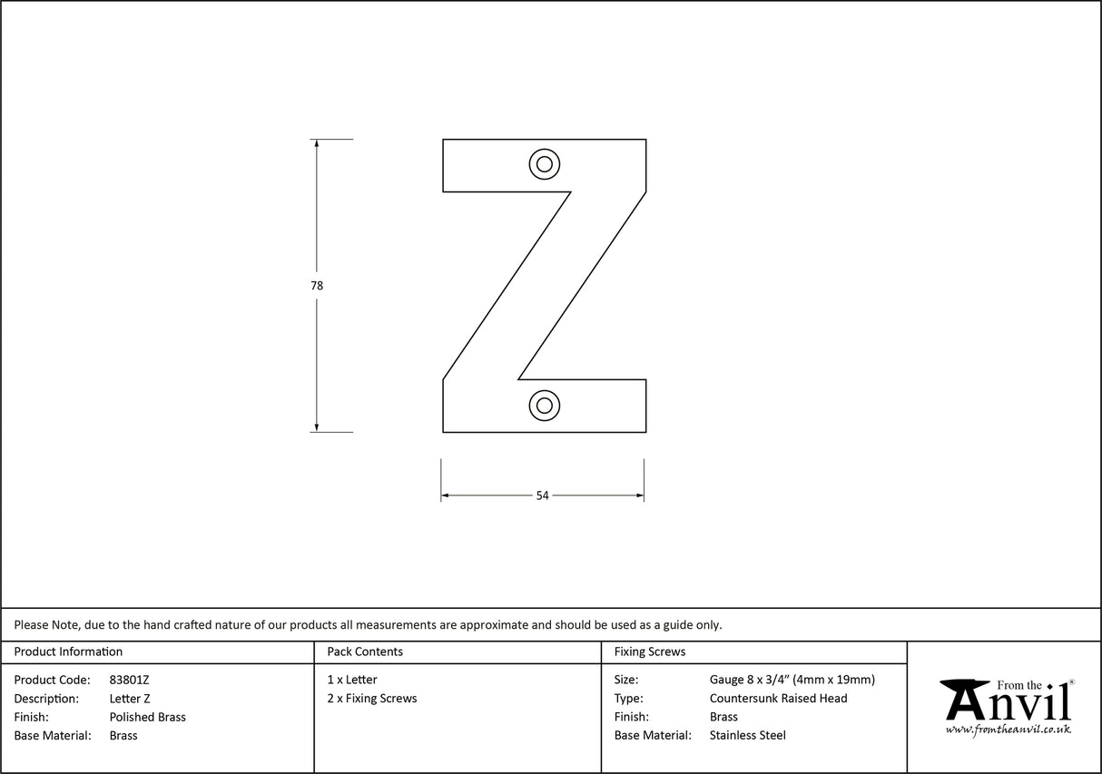 From The Anvil - Polished Brass Letter Z | Sku. 83801Z | Trade Door Handles.