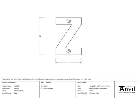 From The Anvil - Polished Brass Letter Z | Sku. 83801Z | Trade Door Handles.