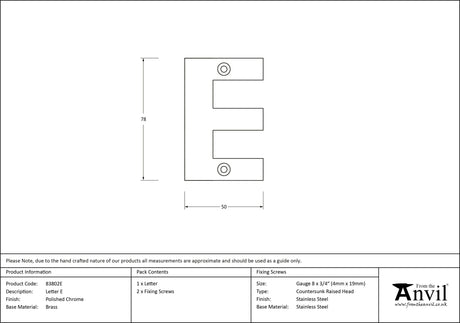 From The Anvil - Polished Chrome Letter E | Sku. 83802E | Trade Door Handles.