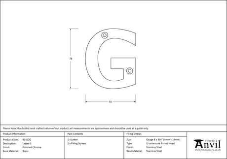 From The Anvil - Polished Chrome Letter G | Sku. 83802G | Trade Door Handles.