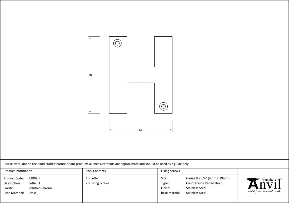 From The Anvil - Polished Chrome Letter H | Sku. 83802H | Trade Door Handles.