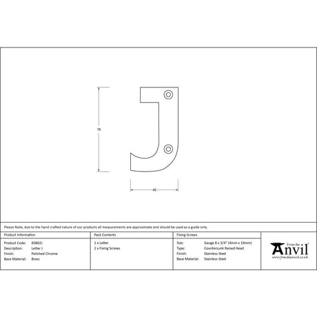From The Anvil - Polished Chrome Letter J | Sku. 83802J | Trade Door Handles.